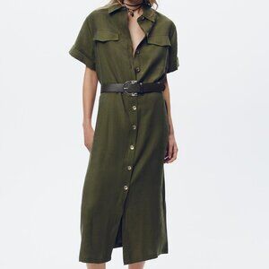 ZARA Khaki Belted Midi Dress Size XL Lapel Collar Button Front Short Sleeves NWT